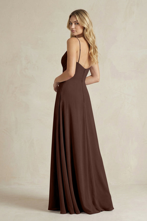 Sheath Cami Strap Ruched Chiffon Bridesmaid Dress in Espresso - KissProm Bridesmaid Dresses