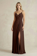 Sheath Cami Strap Ruched Chiffon Bridesmaid Dress in Espresso - KissProm Bridesmaid Dresses