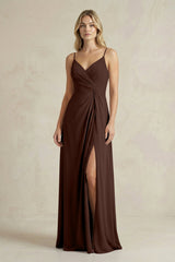 Sheath Cami Strap Ruched Chiffon Bridesmaid Dress in Espresso - KissProm Bridesmaid Dresses