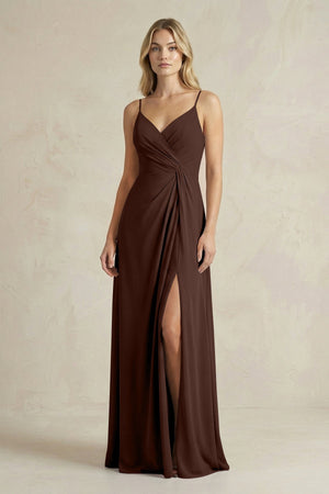 Sheath Cami Strap Ruched Chiffon Bridesmaid Dress in Espresso - KissProm Bridesmaid Dresses