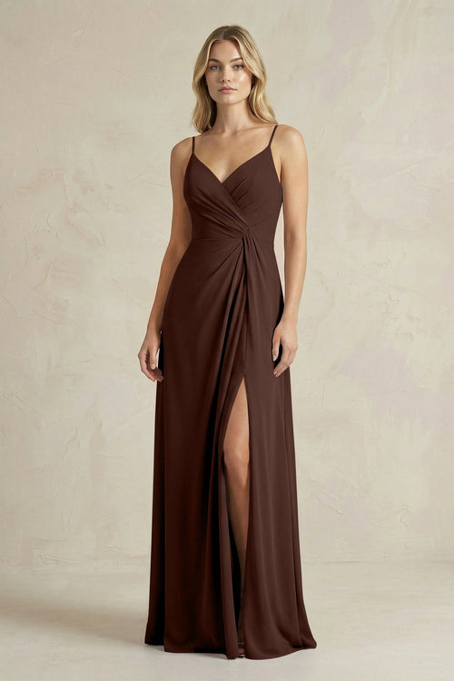 Sheath Cami Strap Ruched Chiffon Bridesmaid Dress in Espresso - KissProm Bridesmaid Dresses
