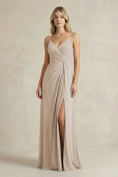 Sheath Cami Strap Ruched Chiffon Bridesmaid Dress in Frost - KissProm Bridesmaid Dresses