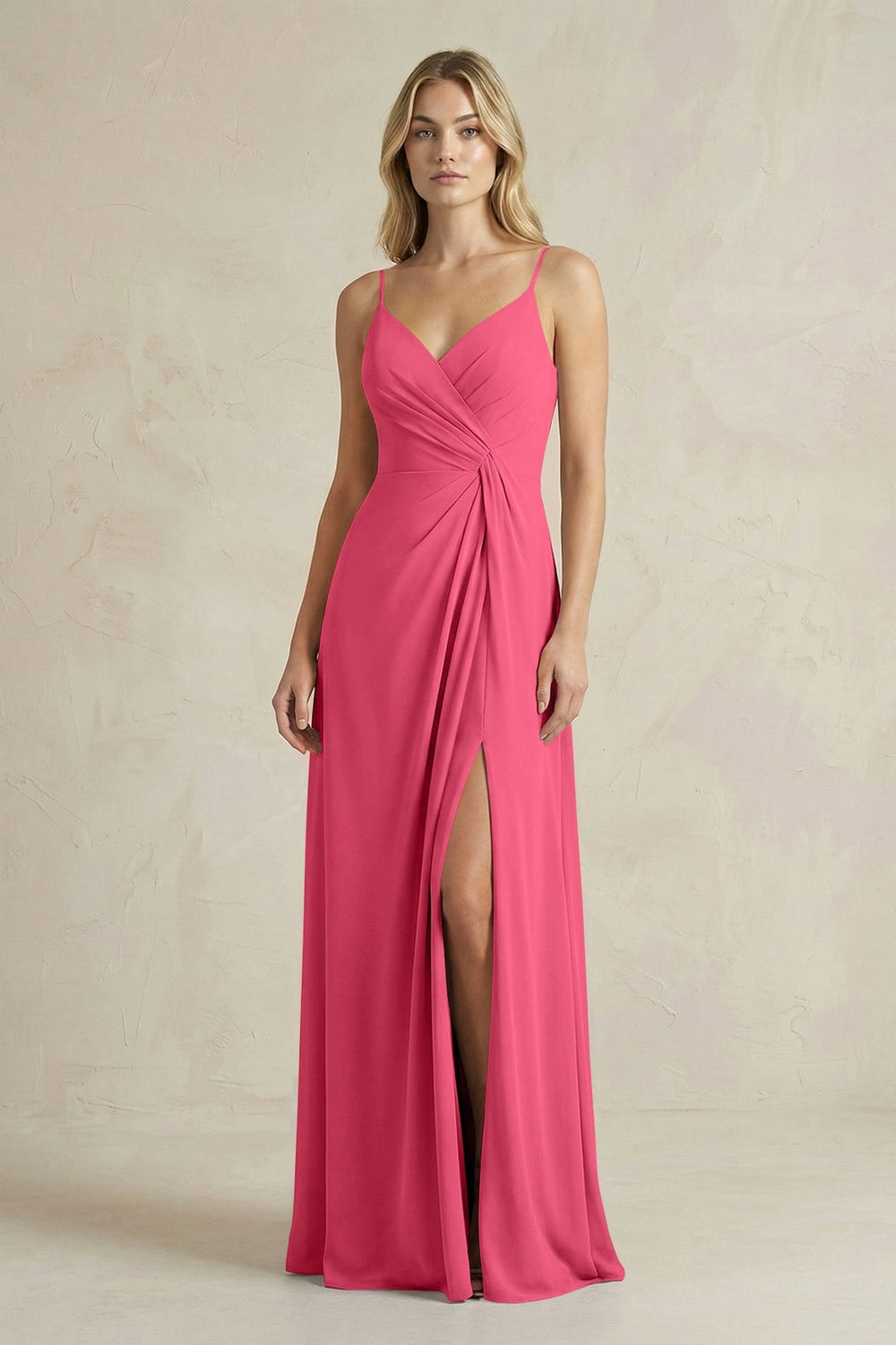 Sheath Cami Strap Ruched Chiffon Bridesmaid Dress in Fuchsia - KissProm Bridesmaid Dresses