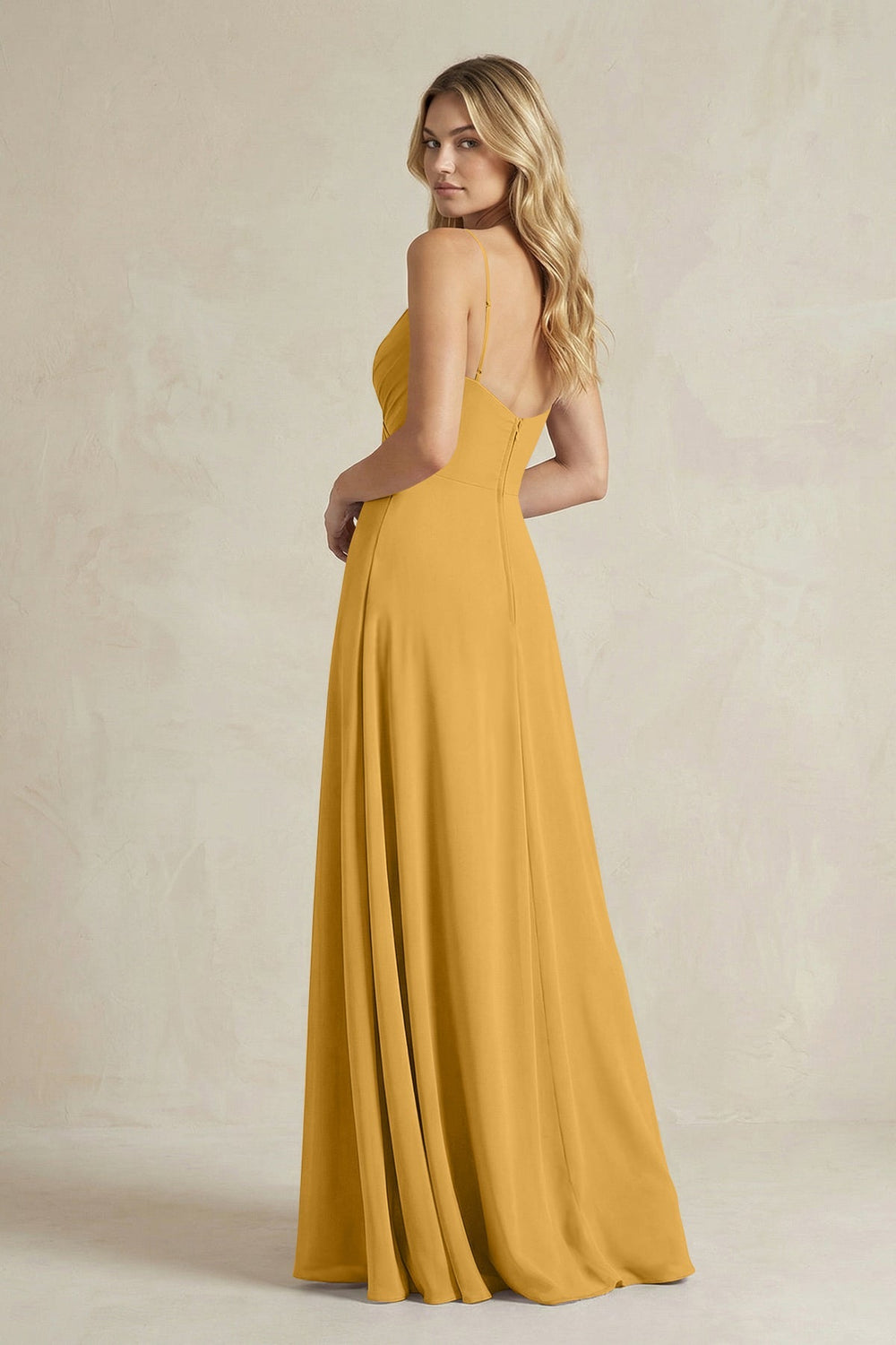 Sheath Cami Strap Ruched Chiffon Bridesmaid Dress in Marigold - KissProm Bridesmaid Dresses
