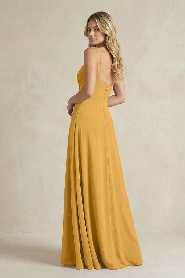 Sheath Cami Strap Ruched Chiffon Bridesmaid Dress in Marigold - KissProm Bridesmaid Dresses