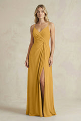 Sheath Cami Strap Ruched Chiffon Bridesmaid Dress in Marigold - KissProm Bridesmaid Dresses