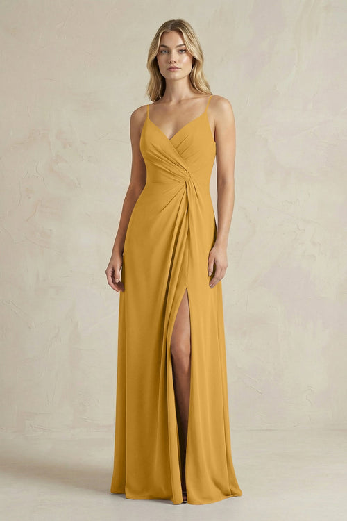 Sheath Cami Strap Ruched Chiffon Bridesmaid Dress in Marigold - KissProm Bridesmaid Dresses