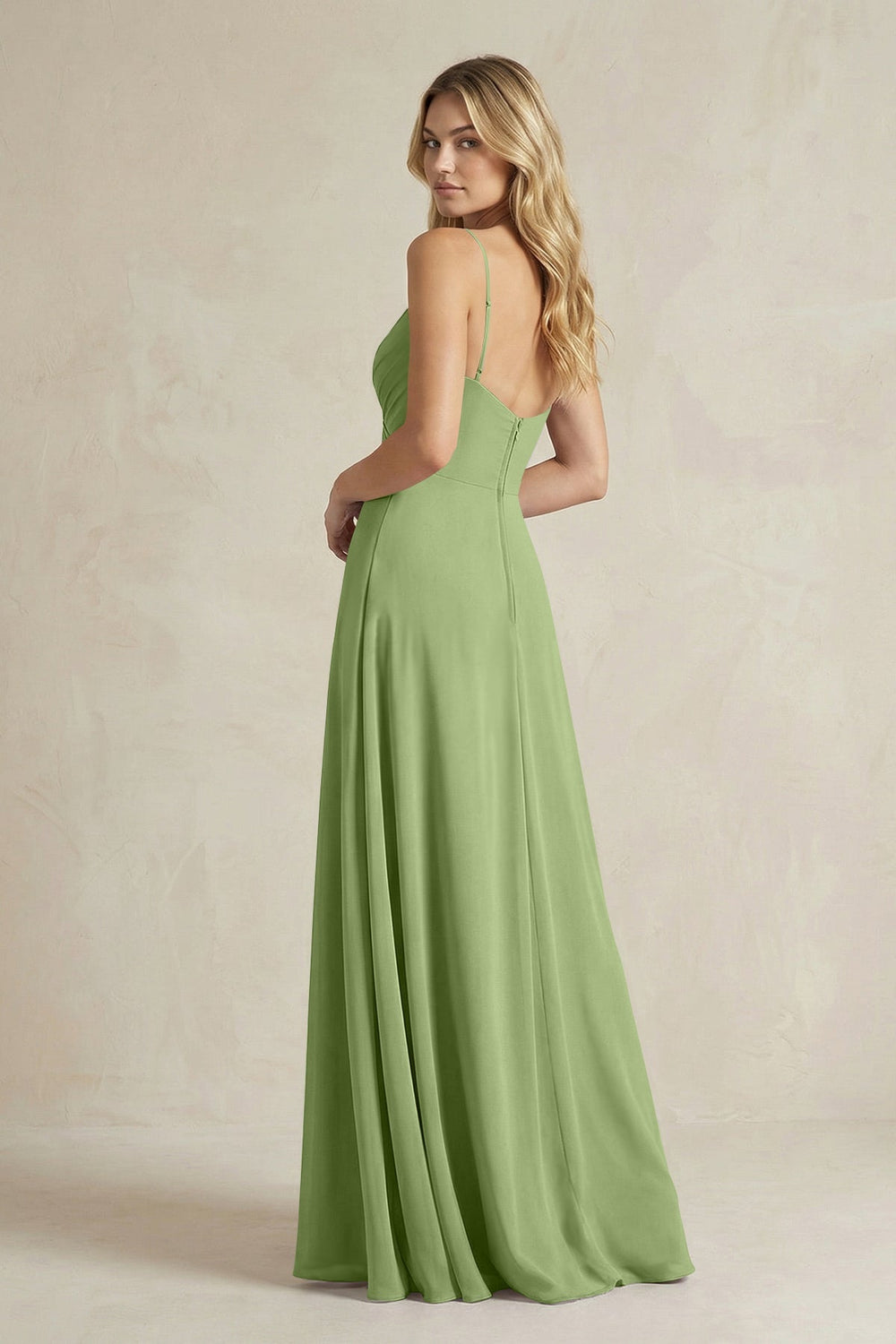 Sheath Cami Strap Ruched Chiffon Bridesmaid Dress in Matcha - KissProm Bridesmaid Dresses