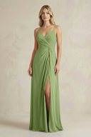 Sheath Cami Strap Ruched Chiffon Bridesmaid Dress in Matcha - KissProm Bridesmaid Dresses