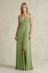 Sheath Cami Strap Ruched Chiffon Bridesmaid Dress in Matcha - KissProm Bridesmaid Dresses
