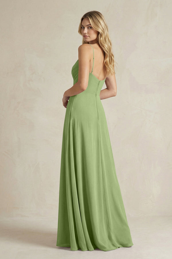 Sheath Cami Strap Ruched Chiffon Bridesmaid Dress in Matcha - KissProm Bridesmaid Dresses