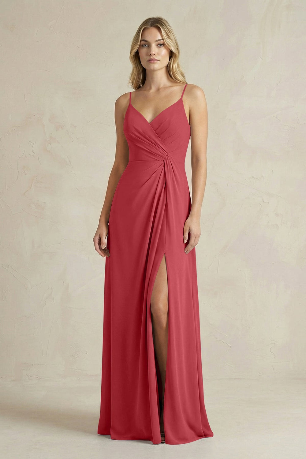 Sheath Cami Strap Ruched Chiffon Bridesmaid Dress in Merlot - KissProm Bridesmaid Dresses