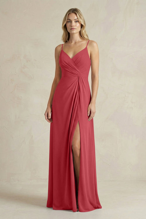 Sheath Cami Strap Ruched Chiffon Bridesmaid Dress in Merlot - KissProm Bridesmaid Dresses