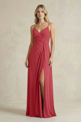 Sheath Cami Strap Ruched Chiffon Bridesmaid Dress in Merlot - KissProm Bridesmaid Dresses