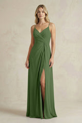 Sheath Cami Strap Ruched Chiffon Bridesmaid Dress in Moss - KissProm Bridesmaid Dresses