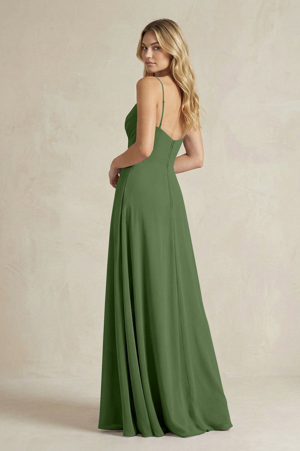 Sheath Cami Strap Ruched Chiffon Bridesmaid Dress in Moss - KissProm Bridesmaid Dresses