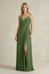 Sheath Cami Strap Ruched Chiffon Bridesmaid Dress in Moss - KissProm Bridesmaid Dresses