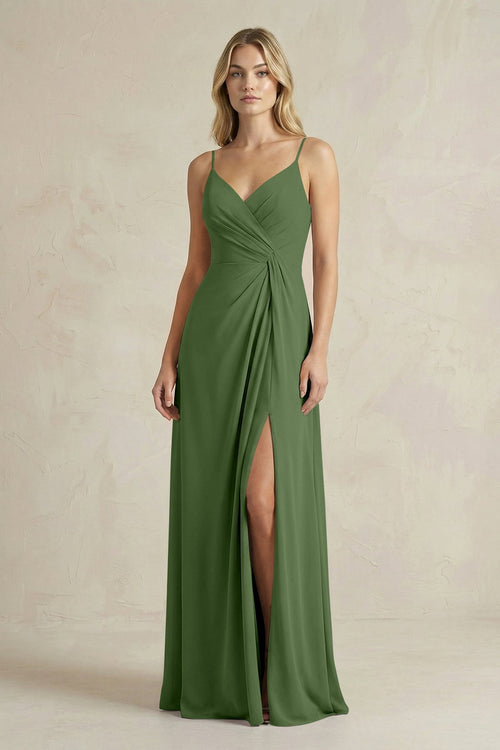 Sheath Cami Strap Ruched Chiffon Bridesmaid Dress in Moss - KissProm Bridesmaid Dresses