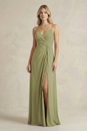 Sheath Cami Strap Ruched Chiffon Bridesmaid Dress in Moss Green - KissProm Bridesmaid Dresses