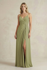 Sheath Cami Strap Ruched Chiffon Bridesmaid Dress in Moss Green - KissProm Bridesmaid Dresses