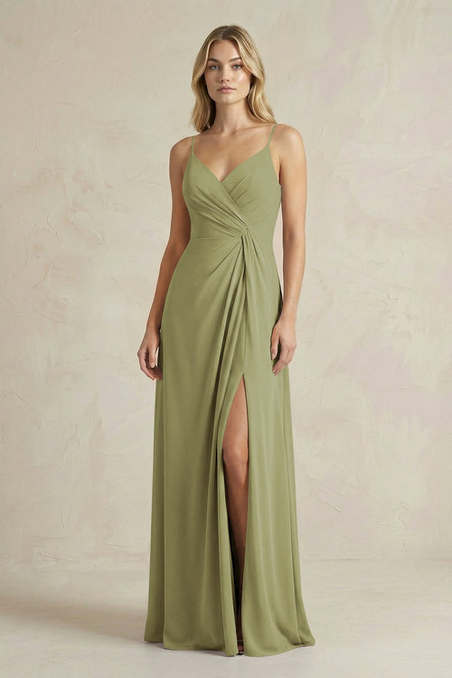 Sheath Cami Strap Ruched Chiffon Bridesmaid Dress in Moss Green - KissProm Bridesmaid Dresses