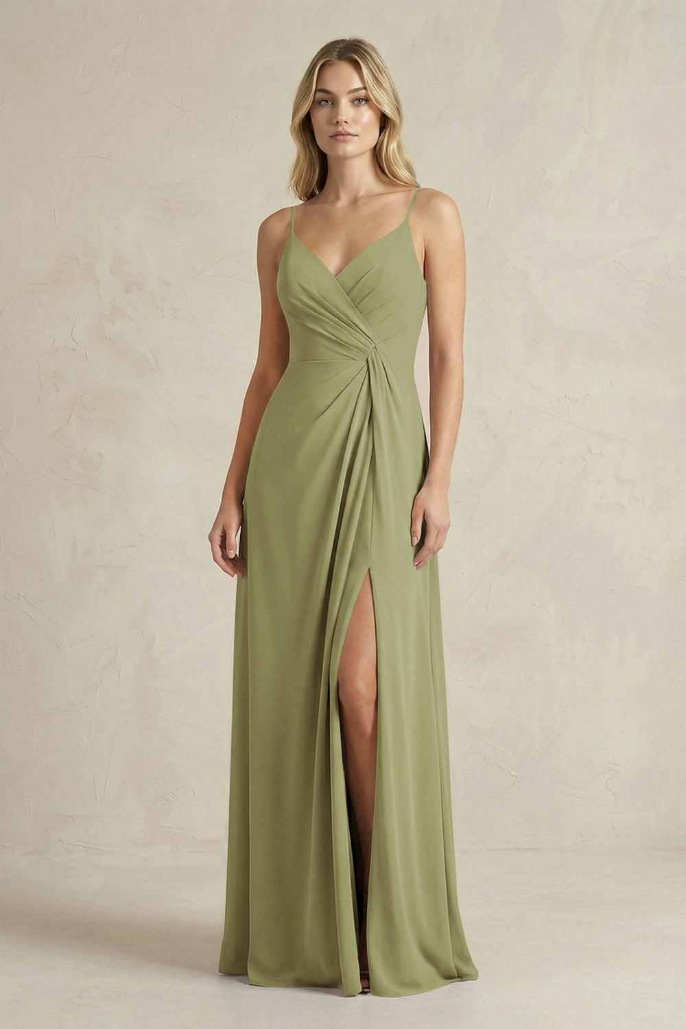 Sheath Cami Strap Ruched Chiffon Bridesmaid Dress in Moss Green - KissProm Bridesmaid Dresses