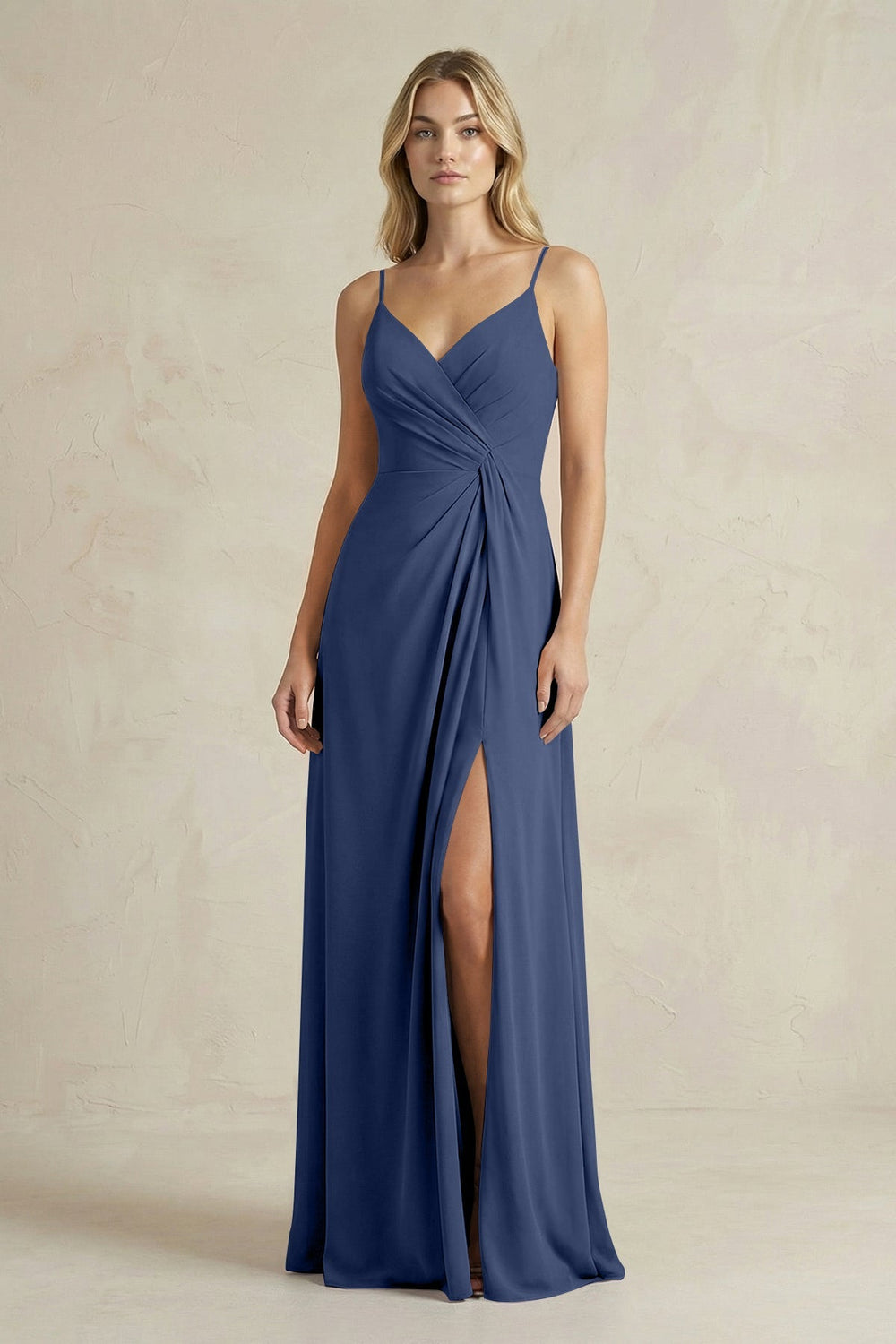 Sheath Cami Strap Ruched Chiffon Bridesmaid Dress in Navy - KissProm Bridesmaid Dresses