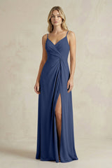 Sheath Cami Strap Ruched Chiffon Bridesmaid Dress in Navy - KissProm Bridesmaid Dresses