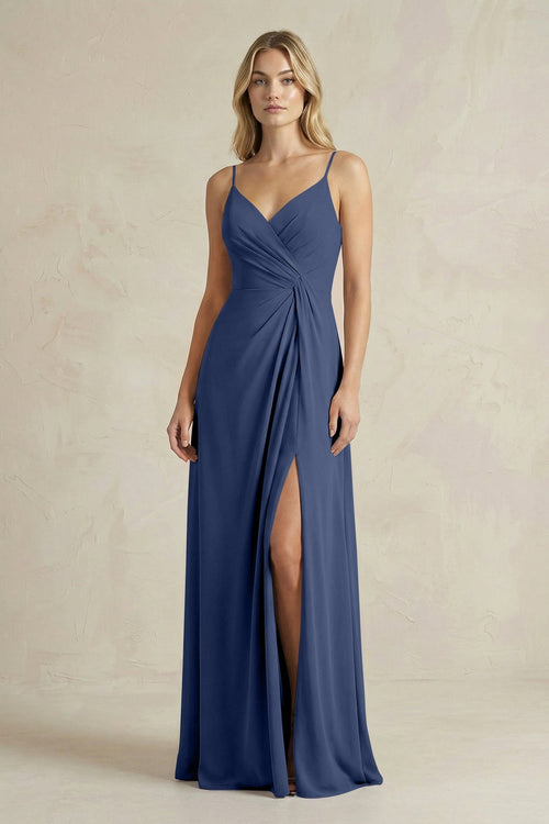 Sheath Cami Strap Ruched Chiffon Bridesmaid Dress in Navy - KissProm Bridesmaid Dresses