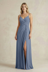 Sheath Cami Strap Ruched Chiffon Bridesmaid Dress in Neptune - KissProm Bridesmaid Dresses