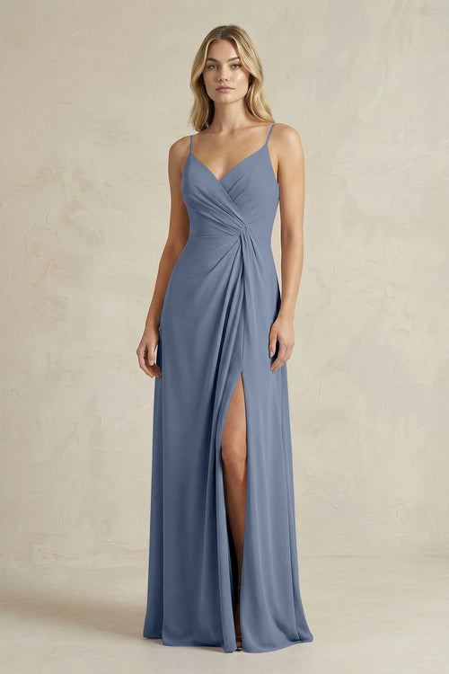 Sheath Cami Strap Ruched Chiffon Bridesmaid Dress in Neptune - KissProm Bridesmaid Dresses
