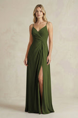 Sheath Cami Strap Ruched Chiffon Bridesmaid Dress in Olive - KissProm Bridesmaid Dresses