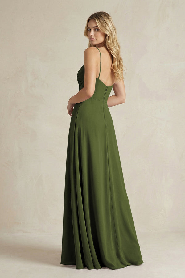 Sheath Cami Strap Ruched Chiffon Bridesmaid Dress in Olive - KissProm Bridesmaid Dresses