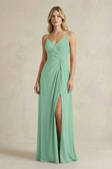 Sheath Cami Strap Ruched Chiffon Bridesmaid Dress in Pale Pistachio - KissProm Bridesmaid Dresses
