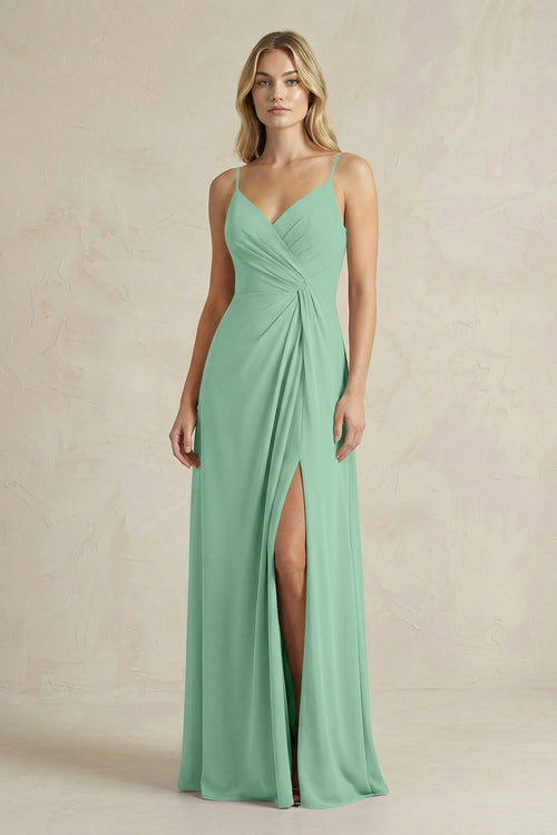 Sheath Cami Strap Ruched Chiffon Bridesmaid Dress in Pale Pistachio - KissProm Bridesmaid Dresses