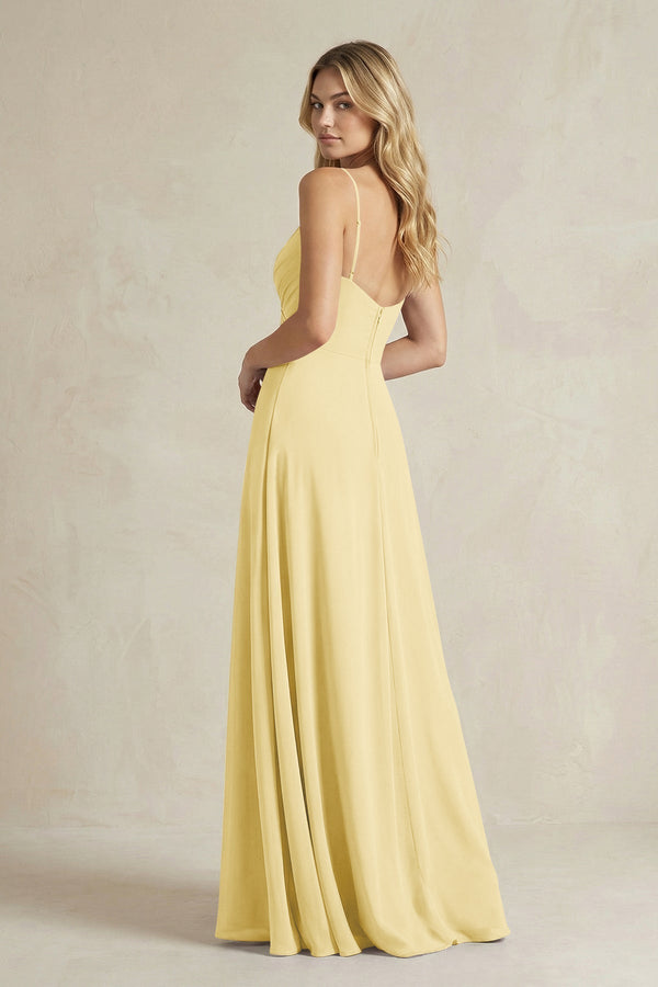 Sheath Cami Strap Ruched Chiffon Bridesmaid Dress in Pastel Yellow - KissProm Bridesmaid Dresses