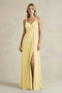 Sheath Cami Strap Ruched Chiffon Bridesmaid Dress in Pastel Yellow - KissProm Bridesmaid Dresses