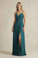 Sheath Cami Strap Ruched Chiffon Bridesmaid Dress in Pine - KissProm Bridesmaid Dresses