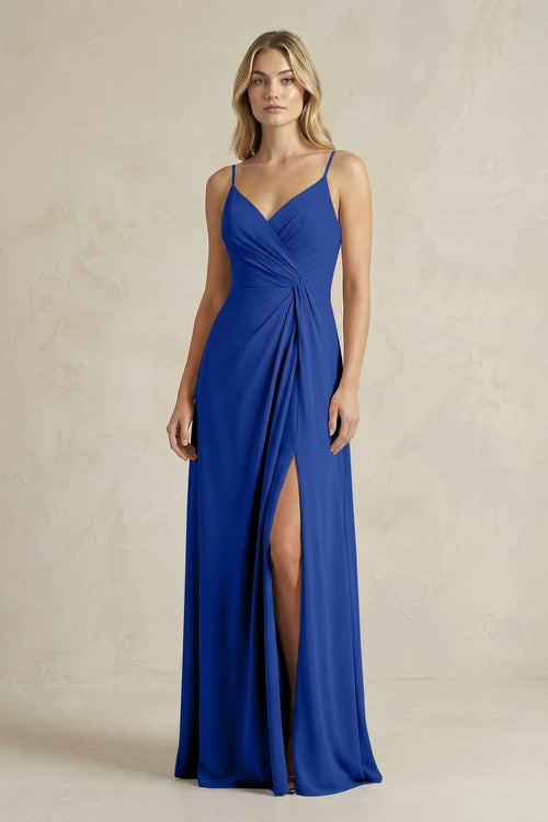 Sheath Cami Strap Ruched Chiffon Bridesmaid Dress in Royal Blue - KissProm Bridesmaid Dresses