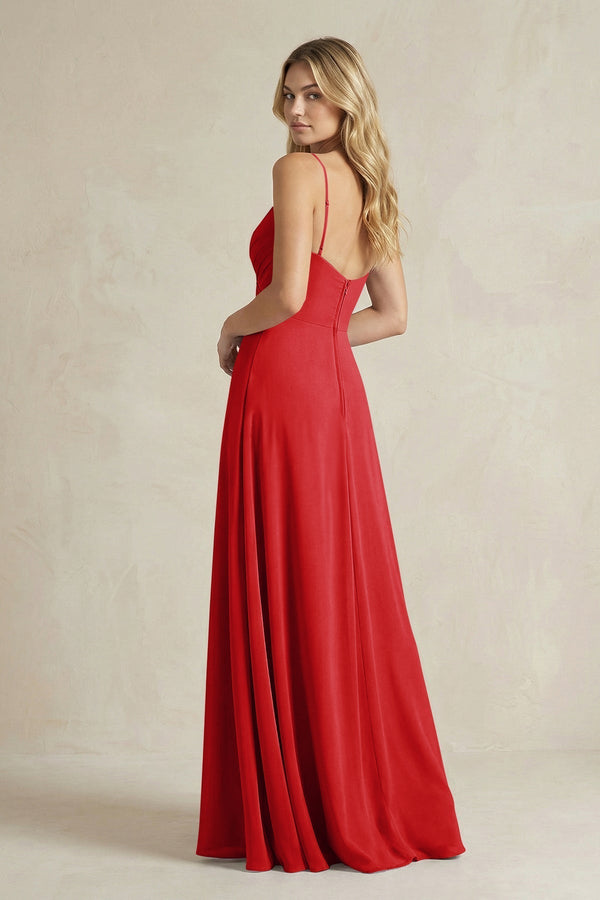 Sheath Cami Strap Ruched Chiffon Bridesmaid Dress in Ruby Red - KissProm Bridesmaid Dresses