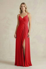 Sheath Cami Strap Ruched Chiffon Bridesmaid Dress in Ruby Red - KissProm Bridesmaid Dresses