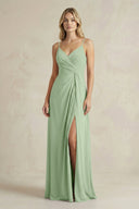 Sheath Cami Strap Ruched Chiffon Bridesmaid Dress in Sage - KissProm Bridesmaid Dresses