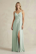 Sheath Cami Strap Ruched Chiffon Bridesmaid Dress in Sage - KissProm Bridesmaid Dresses