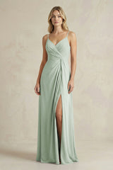 Sheath Cami Strap Ruched Chiffon Bridesmaid Dress in Sage - KissProm Bridesmaid Dresses