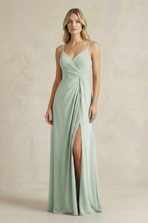 Sheath Cami Strap Ruched Chiffon Bridesmaid Dress in Sage - KissProm Bridesmaid Dresses