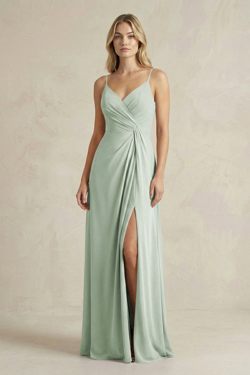 Sheath Cami Strap Ruched Chiffon Bridesmaid Dress in Sage - KissProm Bridesmaid Dresses