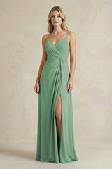 Sheath Cami Strap Ruched Chiffon Bridesmaid Dress in Sea Glass - KissProm Bridesmaid Dresses
