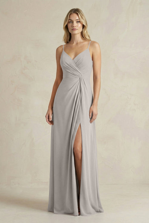 Sheath Cami Strap Ruched Chiffon Bridesmaid Dress in Silver - KissProm Bridesmaid Dresses