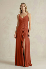 Sheath Cami Strap Ruched Chiffon Bridesmaid Dress in Spice - KissProm Bridesmaid Dresses