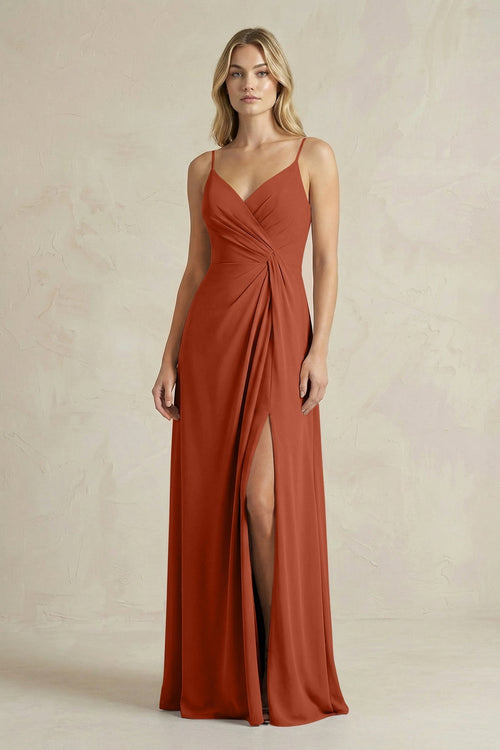 Sheath Cami Strap Ruched Chiffon Bridesmaid Dress in Spice - KissProm Bridesmaid Dresses